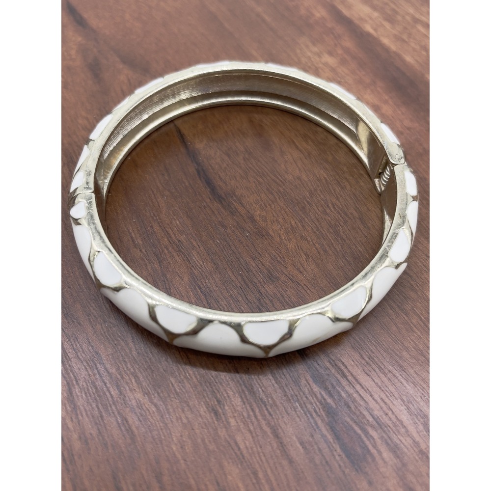 White Enamel Gold Tone Hinged Bangle Bracelet Preppy Timeless Minimalist